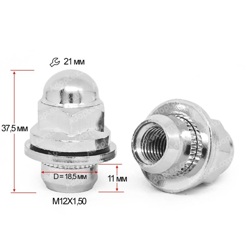 Гайка колесна Getmann M12x1.5x37.5мм Пресшайба D-18.5 Хром Ключ 21 (Mitsubishi) під оригінальні литі диски-зображення-2