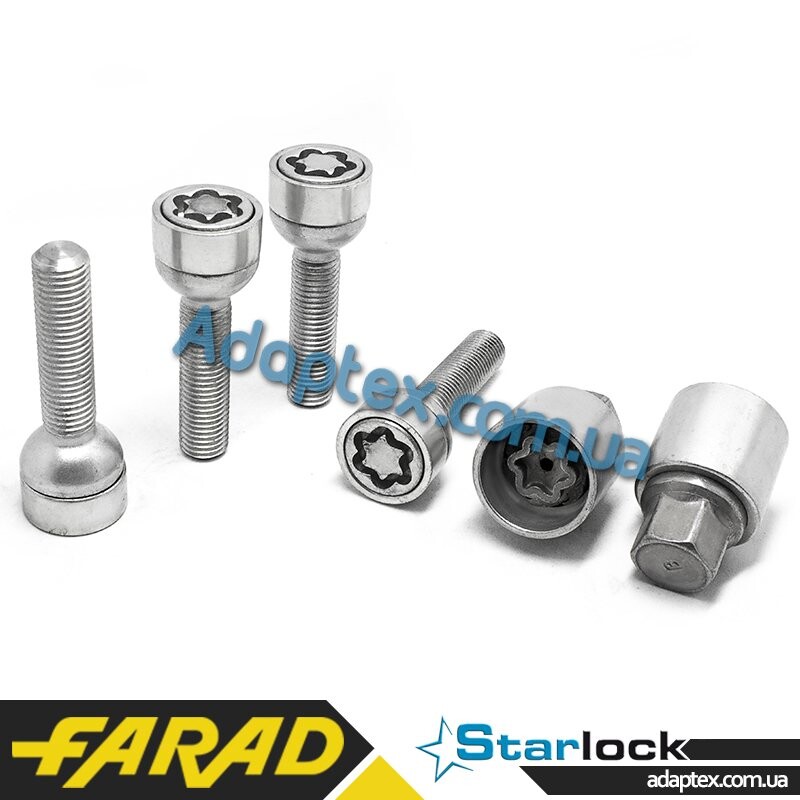 FARAD STARLOCK | Болти секретки М12х1.5х45 Сфера R12 Кільце, що обертається (Audi, Volkswagen, Mercedes, Skoda) 2 ключа Подовжені під проставки 15-20 мм