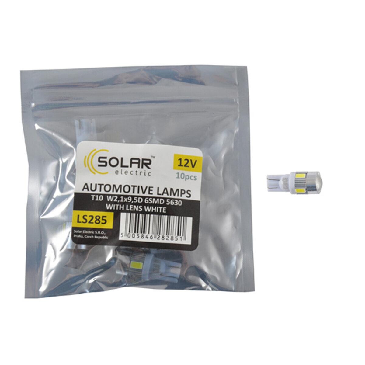 LED автолампа Solar 12V T10 W2.1x9.5d 6SMD 5630 with lens white 10шт LED автолампа Solar 12V T10 W2.1x9.5d 6SMD 5630 with lens white 10шт